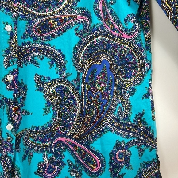 Talbots Petite Teal Multicolor Paisley Print Long Sleeve Button Down Shirt - Picture 11 of 16